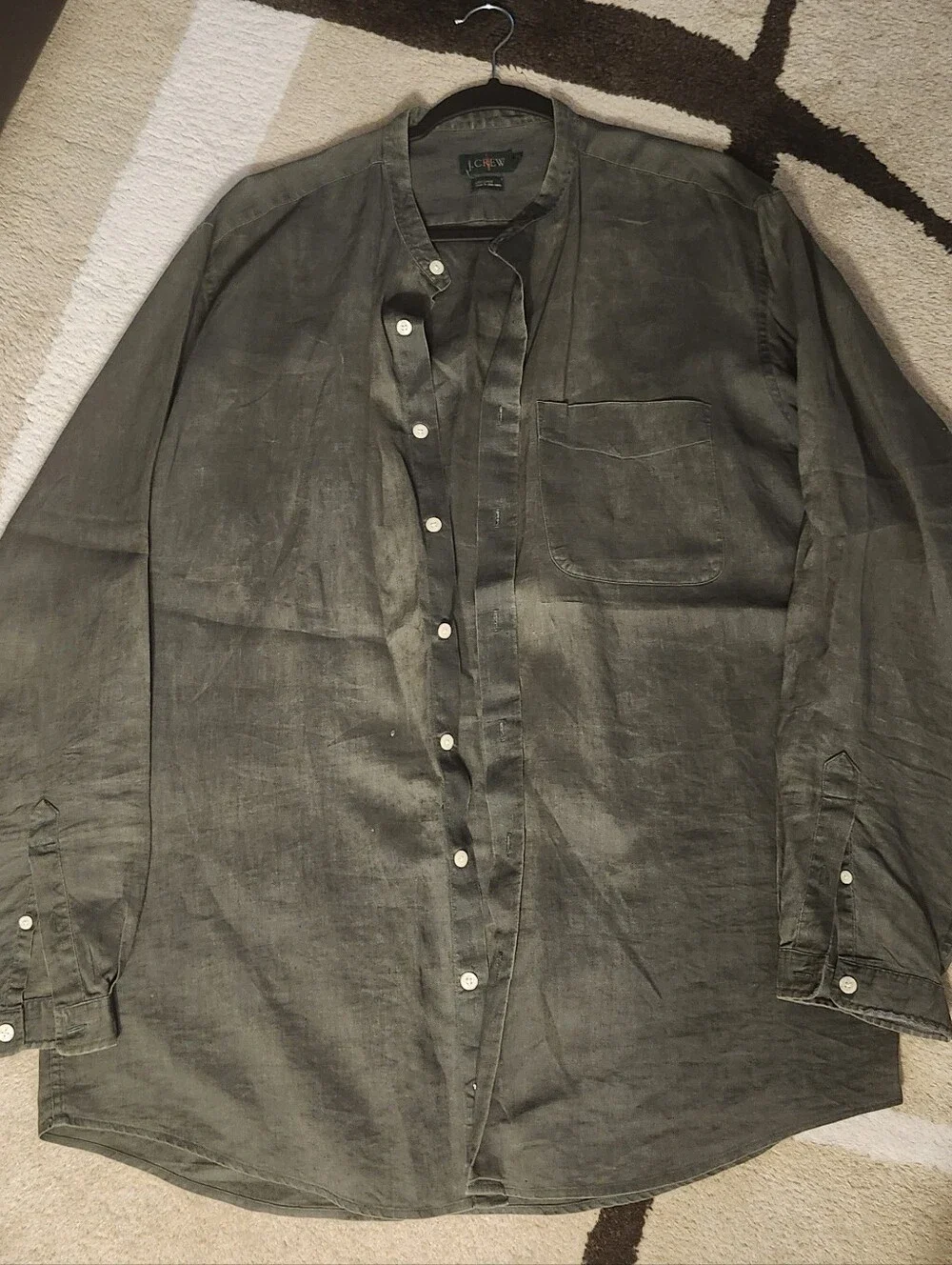 J.Crew Vintage 100% Linen Band Collar Shirt Men's Large Tall L Olive Green